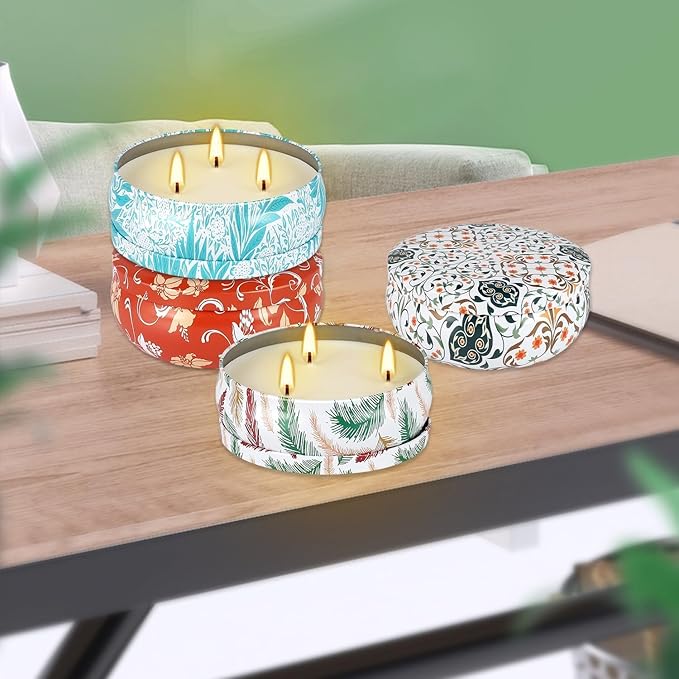 4-Pack Citronella Candle Set in Decorative Tropical Flower Tin Boxes - 3-Wick Functional Decorative Candles for Indoor & Outdoor Use - Perfect for Camping, Travel, BBQ, Picnics, and Mother's Day Gift