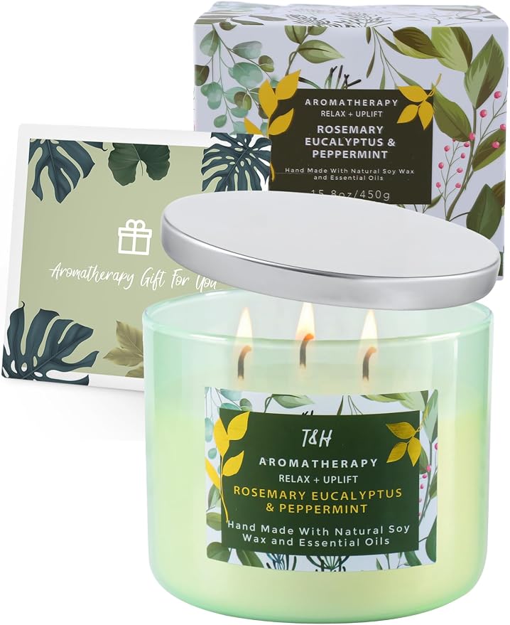 Rosemary Eucalyptus Peppermint 3 Wick Candle for Home Scented | 15.8 oz Large Soy Candle | Spa Aromatherapy Candles for Home Stress Relief | Clean Burn | Gift for Women & Men