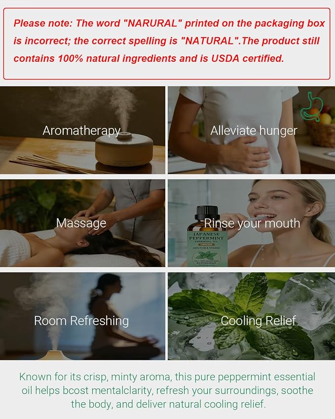 100% Pure Organic Japanese Peppermint Essential Oil, USDA Natural Food & Therapeutic Grade for Aromatherapy, Skin Hair Scalp Care, Massage - Can Diffusers, Home Cleaner, Relaxtion, Aid Mood - 100ml