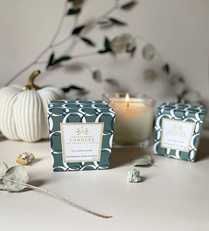 Lotion Candle - Peppermint & Eucalyptus Scented Massage Candles for Self Care, 10 Oz. Soy Wax Candle with Essential Oil Blends, Coconut Oil, and Vitamin E, 55 Hour Burn Time