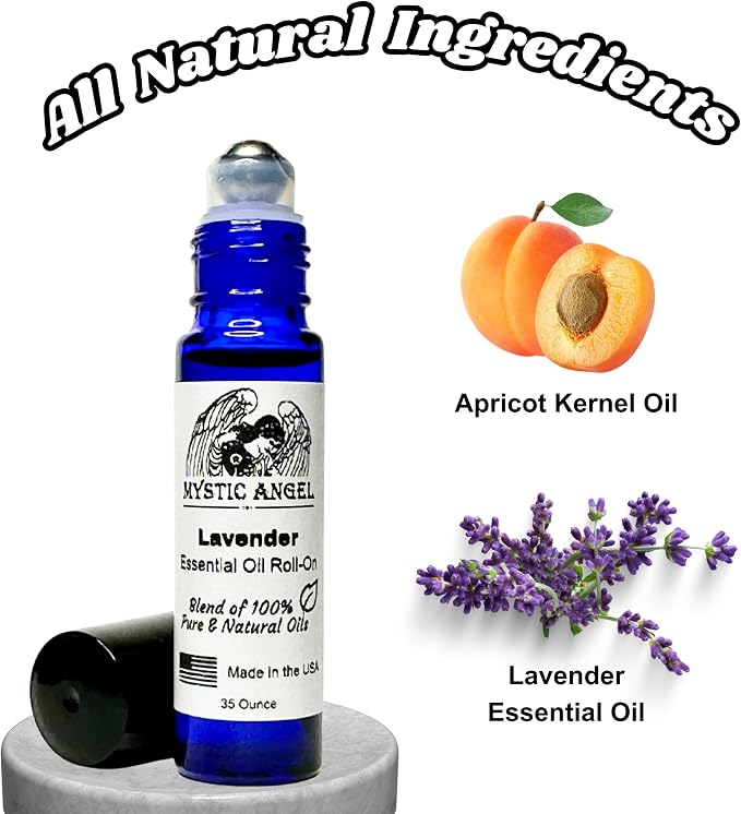 Mystic Angel Lavender Essential Oil Roll-On - Therapeutic Blend of Pure Lavender Essential Oil in Apricot Kernel Oil, Safe for All Skin Types, Made in the USA, .35 Oz.