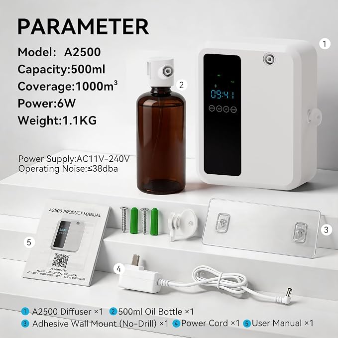 Hotel Scent Diffuser for Large Room, 500ml Smart Waterless Oil Diffuser, Whole House Air Fragrance Machine with LED Display, White