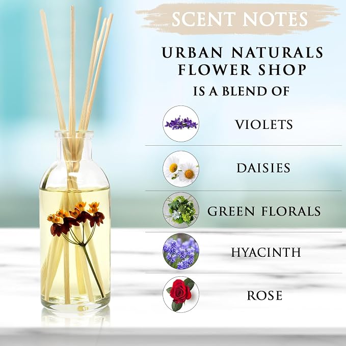 Urban Naturals Flower Shop Reed Diffuser Gift Set | Violets, Daisies, Hyacinth & Rose Fragrance Notes | Real Flower Inside the Bottle! Made in the USA | Great Gift for Mom