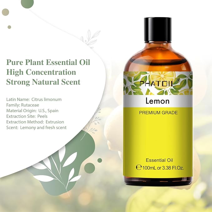 PHATOIL 3.38FL.Oz Lemon Essential Oil, for Aromatherapy Diffusers, Humidifiers, Great for DIY Candle and Soap Making, Gift for Friend
