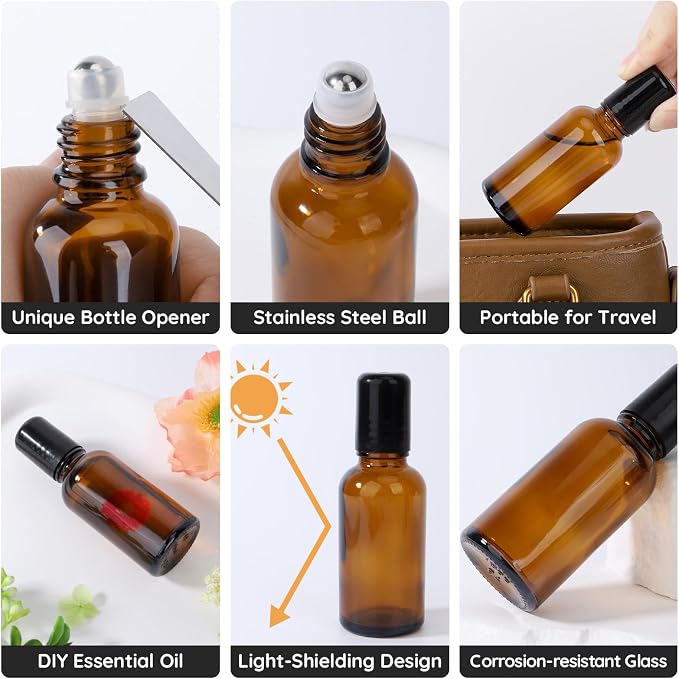 Segbeauty 1oz Glass Roll On Bottles for Oil, 5pcs Empty Roller Ball Applicator for Essential Oils, 30ml Amber Perfume Travel Refillable Bottle, Anointing Oil Bottles Travel Containers Liquids Oils