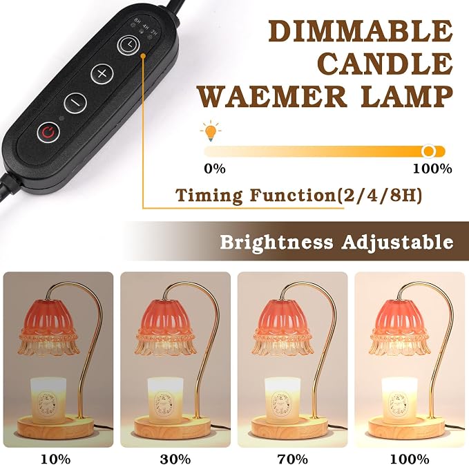 Funistree Flower Candle Warmer Lamp with Timer, Dimmable Candle Lamp Warmer, Christmas Birthday Gifts for Women Mom Her, Housewarming Home Decor, Lotus Wax Warmer for Yankee - Pink Flower 10 Inch