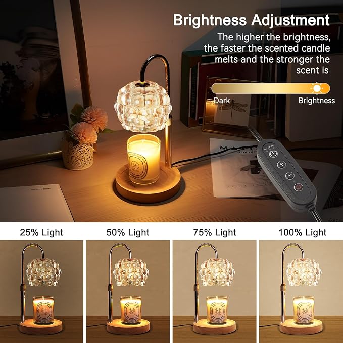 Candle Warmer Lamp with Timer Adjustable - Height Candle Warmer, Dimmer, Vintage Glass Wax Melting Lamps for Home Decor, for Candles in Jars with 2 Bulbs, Champagne Gold