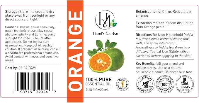 Hami’s Garden Orange Essential Oil – 0.68 fl Oz/20 mL – 100% Pure and Natural – Premium Grade with Glass Dropper - for Diffusers, Skin Care, Home Care, Soap Making