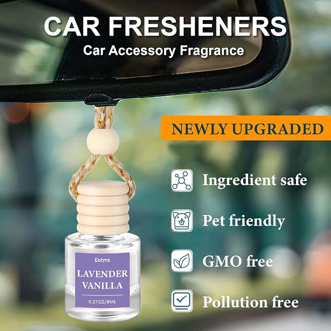 Hanging Car Air Freshener (Pack of 3) : Luxury Car Perfume for Women Men | Cute & Wooden Lid Reusable Bottle with 45+ Days Long-Lasting Scent for Auto Interio, Lavender vanilla