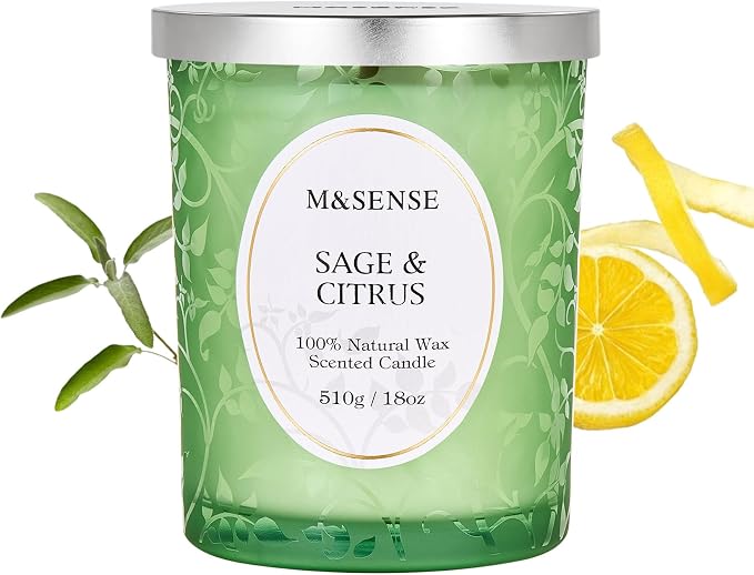 M&SENSE Sage Citrus Soy Candle, Cracking Wooden Wick 18oz | 100 Hours Long Lasting, Clean Burn, Winter Aromatherapy, Non-Toxic, Relaxing Gifts For Women