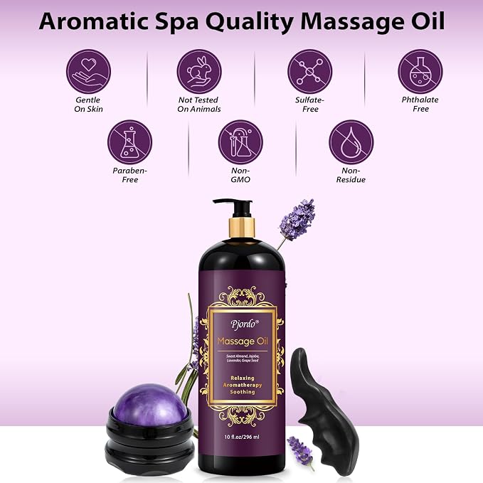 Pjordo Aromatherapy Lavender Massage Oil, Massage Oil for Massage Therapy, Calming, Soothing, Relaxing, Spa Gifts for Him Her, 10 Fl Oz