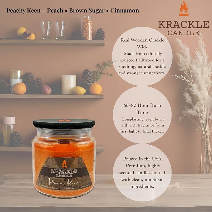 Krackle Candle | Peachy Keen | 16 oz Scented Candle with Natural Crackling Wooden Wick | Poured in the USA | Peach, Brown Sugar & Cinnamon Fragrance