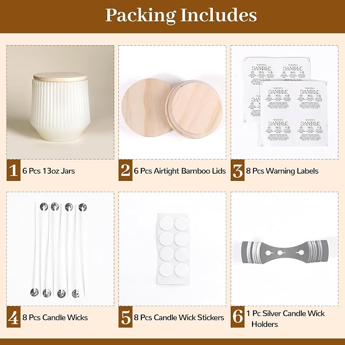 simeitol 13 OZ White Candle Jars for Making Candles - 6 Pack Ribbed Glass Candle Jars, with Bamboo Lids and Candle Wick Kit, Candle Making Jars Bulk for DIY