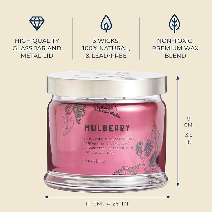 PartyLite Mulberry Scented, Notes of Tart Black Currant, Sweet Blackberry, Juicy Mulberry & Jewels of Pomegranate, 13.2oz 3-Wick Jar Candle, 45 Hour Burn Time, Luxurious Fragrance, Perfect for Gifting