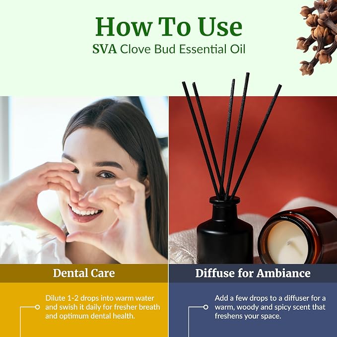SVA Clove Bud Essential Oil – 32 Fl Oz – 100% Natural Clove Bud Oil - for Diffuser, Hair Care, Face, Skin Care, Aromatherapy, Scalp and Body Massage, Soap and Candle Making