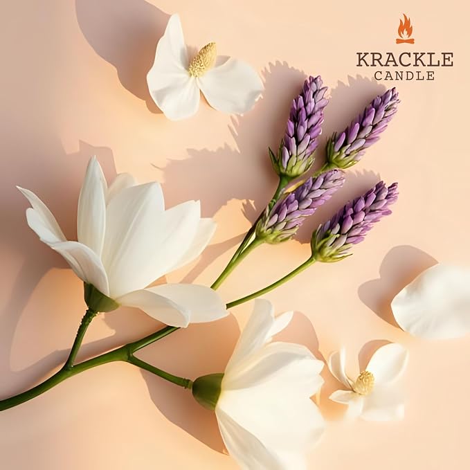 Krackle Candle | Lavender Magnolia | 16 oz Scented Candle with Natural Crackling Wooden Wick | Poured in the USA | Lavender & Magnolia Blossom Fragrance
