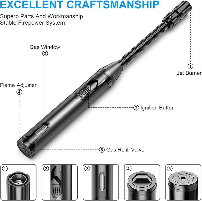 TOPKAY Torch Lighter Refillable Butane Lighter Long Flexible Neck Multipurpose Lighter for Candles Grill BBQ Fireplaces Kitchen Camping (No Prefilled)