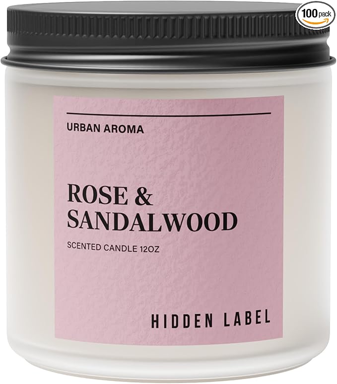 Hidden Label Rose Sandalwood Soy Candle, 12oz 2-Wick, 70H Floral Warmth | Non-Toxic Natural Wax, Paraben & Phthalate-Free, Clean Burn | Elegant Decor & Gift-Ready | Stress Relief & Grounding Calm