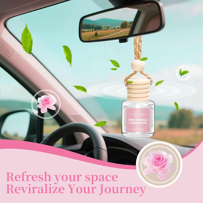 AROIC Car Air Freshener - Pink Sparkle Champagne Fragrance, 6 Pack Long Lasting Essential Oil Fragrance Diffuser, Hanging Cute Automotive Perfumes Interior Decor, Pink Car Accessories for Women & Men