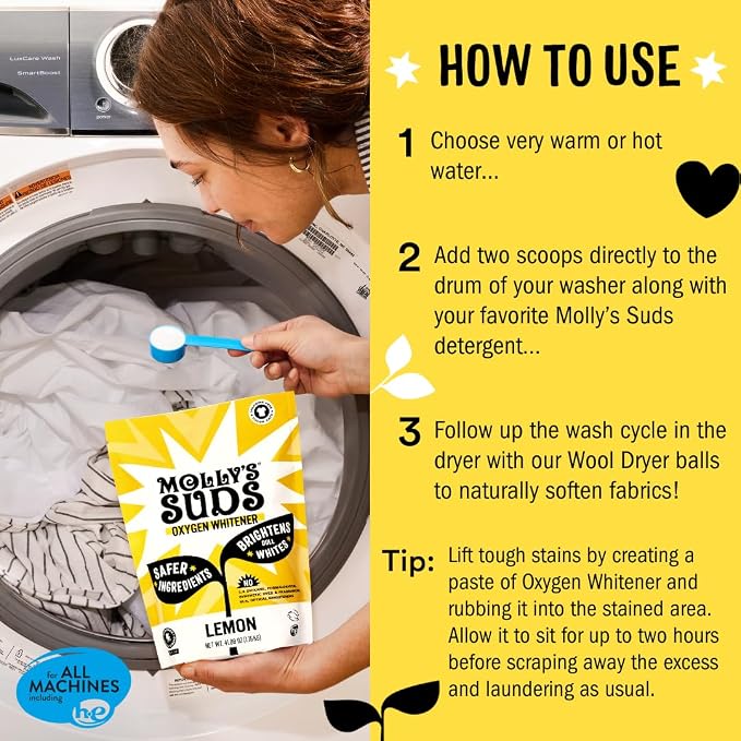 Molly's Suds Oxygen Whitener | Powerful Bleach Alternative, Chlorine Free & Color Safe | Brightens Whites and Removes Stains (Lemon Essential Oil - 41.09 oz)