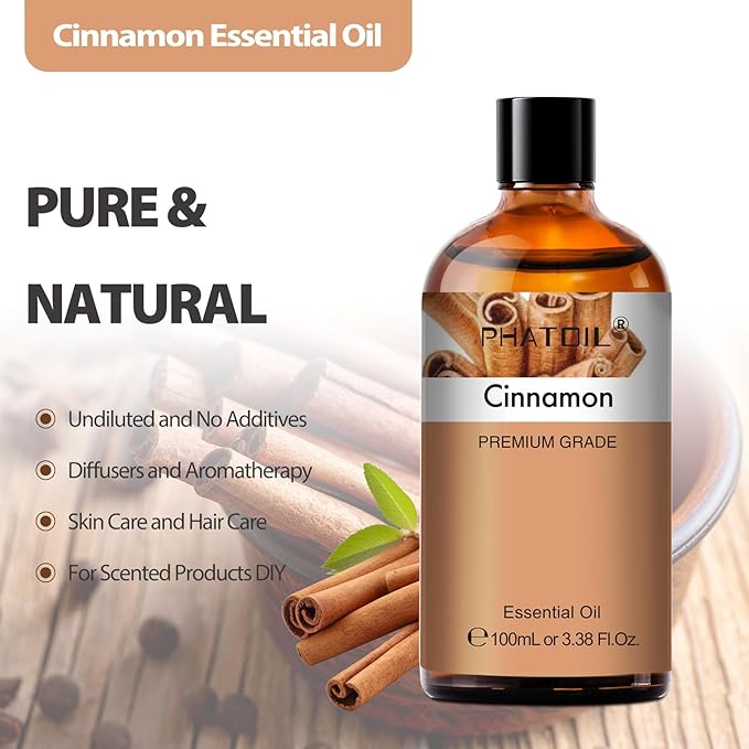 PHATOIL Cinnamon Essential Oil - Pure Essential Oil for Aromatherapy, Home Cleaning, Skin Care, and Home Freshening, DIY Candle & Soap Making 3.38 Fl Oz