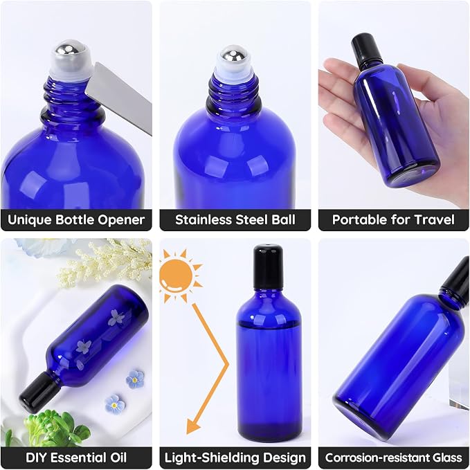 Segbeauty 3.4oz Thick Glass Roller Bottles for Essential Oils, 5pcs Blue Empty Rollerball Bottles for Oil, 100ml Refillable Roller Ball Applicator for Perfume Oil Eye Essence, Glass Roll On Bottle
