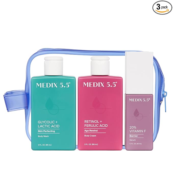 MEDIX 5.5 Best Sellers Travel Kit Skin Care Set - Retinol Body Lotion + Glycolic Acid Exfoliating Body Wash + 20% Vitamin F Body Oil 3PC Skincare Set | Crepey Skin Care Treatment, 3 Piece Travel Kit