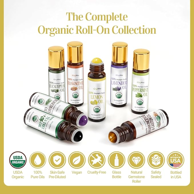Lemon Essential Oil Roll On for Energy Mood Uplift Anxiety Relief - 100% Pure USDA Organic MCT Coconut Oil - Mental Clarity Focus Positivity Citrus Scent Perfume - Gemstone Roller 10ml Travel Size