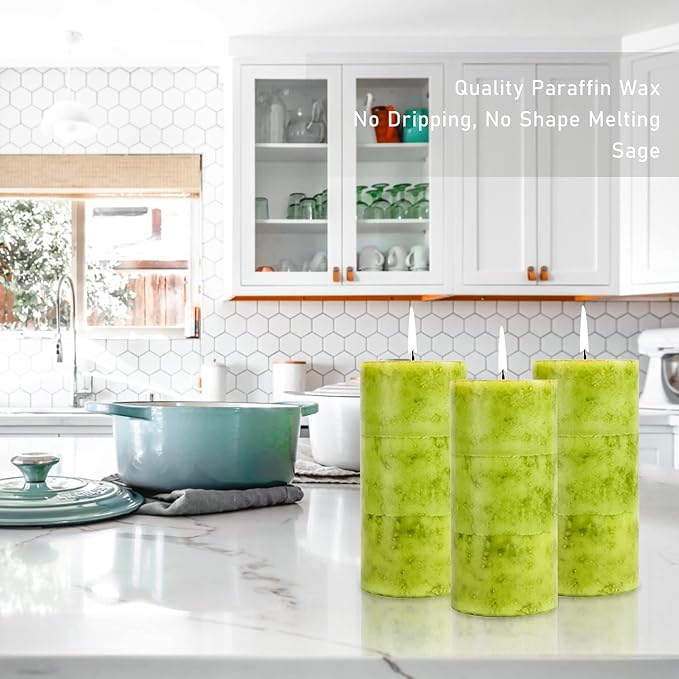 Sage Scented Candles - 3x6 Inch Green Pillar Candles Hand-Poured Long Lasting Burn Time Dripless Large Aromatherapy Candles for Home Scented Cleansing House Bathroom Relaxation Spa Church