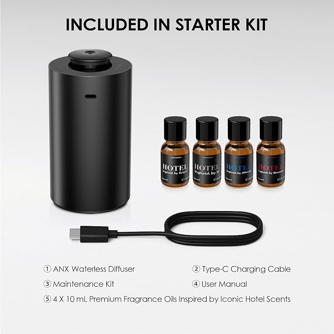 Airversa Waterless Essential Oil Diffuser Starter Kit with 4x10mL Hotel Fragrance Oils for Home Car Office, Premium Aluminum Housing, Up to 600 sq ft, Aroma Nebulizer Baterry Operated, ANX Kit-D Black