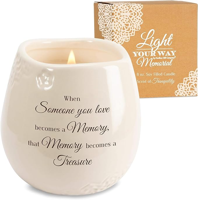 Pavilion - 8 Oz Candle Holder - Cream Beige Ceramic Candle Vessel with 100% Soy Wax, Tranquility Scent When Someone You Love Becomes A Memory Remembrance Gift - Printed Text, Love Theme, Round Shape