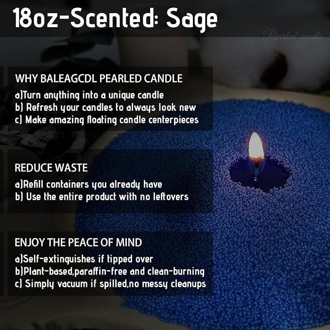 Dewdrop Sage Pearled Candle – 18oz Sage Scented Sand Candles with 30 Wicks | Refillable Dark Blue Wax Long-Lasting Powder 120 Hours for Meditation & Relaxation
