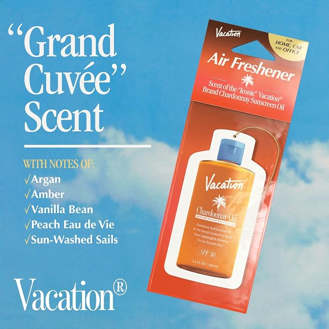Vacation Car Air Freshener Variety Pack, 6 Scents, Pack of 6 - Hanging Air Freshener for Car, Home and Office - Classic Lotion, After Sun, Super Spritz, Baby Oil, Chardonnay and Whip Scents