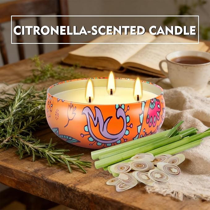 Summer Citronella Scented 3 Wick Candle, Soy Wax Candle for Indoor & Outdoor Use, Boho Floral Decorative Candle for Home,BBQ, Patio and Balcony Decor.