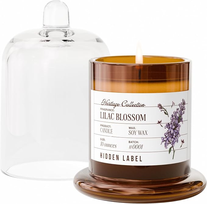 Hidden Label Lilac Blossom Soy Candle, 10oz Bell Jar, Non-Toxic Formula | 55+ Hr Burn | Spring Floral Aromatherapy | Phthalate-Free | Reusable Clear Glass Dome | Birthday & Spa Gift for Women