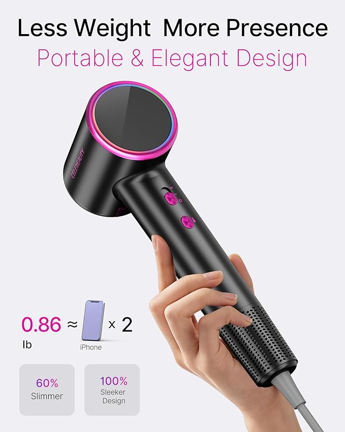 Professional Hair Dryer with Diffuser - 110,000 RPM High-Speed Blow Dryer Strong Motor & Ionic Technology for Fast Drying & Frizz Control, Lightweight, Quiet for Home, Travel (Light Black)