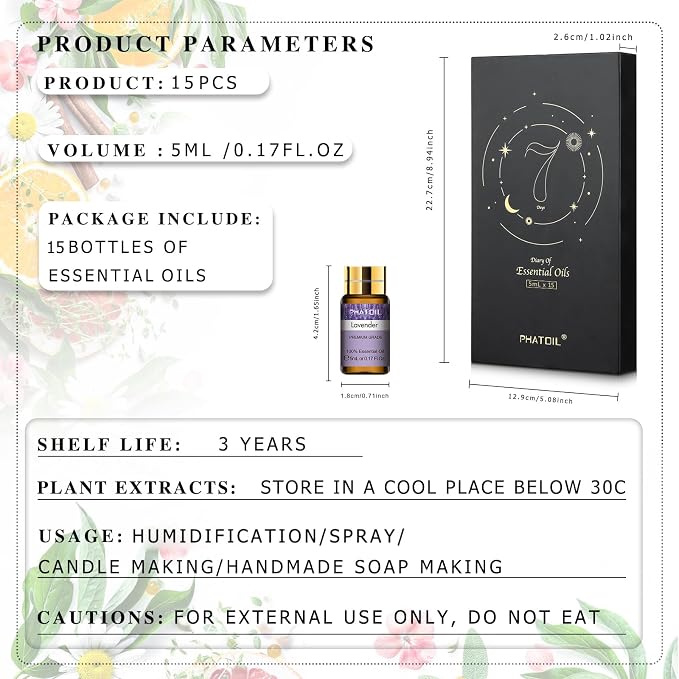 PHATOIL 15PCS Essential Oils Gift Set - Premium Quality 100% Natural Pure Essential Oils for Aromatherapy Diffuser Yoga Home Office Soap Candle Making- 5ml/Bottle