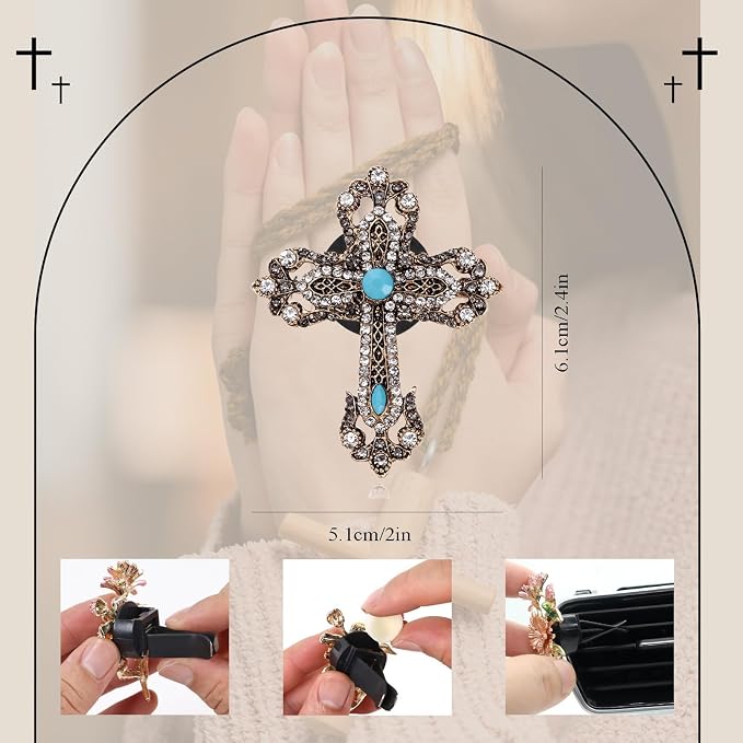 ORIESSE Cross Car Decor,Vintage Cross Air Vent Clips Car Freshener,Bling Rhinestone Turquoise Accent Auto Interior Dashboard Decorations Accessories,Refillable Diffuser