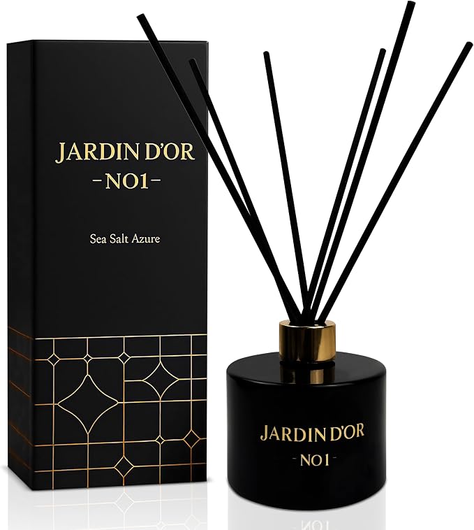 Premium Reed Diffuser Set for Home, Bath & Office Decor - 6.7oz (200ml) - Child & Pet Friendly Sea Salt Scented Oil - Reusable, Refillable Glass Bottle Fiber Sticks