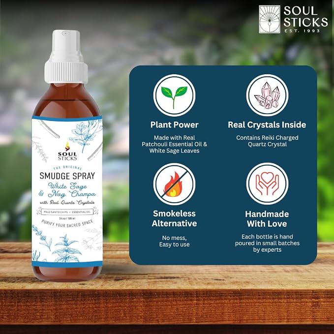 SOUL STICKS White Sage & Nag Champa Smudge Spray – 3.5oz Smokeless Cleansing Mist with Quartz Crystals – Spiritual Aromatherapy Spray for Meditation, Yoga, Home Energy Clearing & Relaxation