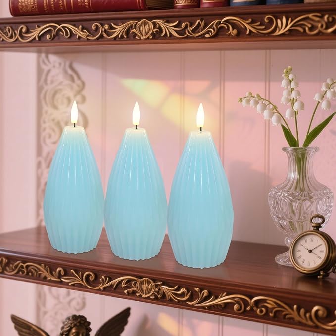 Blue Ribbed Flameless Candles with Remote Flickering Realistic Battery Powered LED Real Wax Decorative Candle Geometric Aesthetic Modern Ocean Decor for Home Table Fireplace, 3 Pack