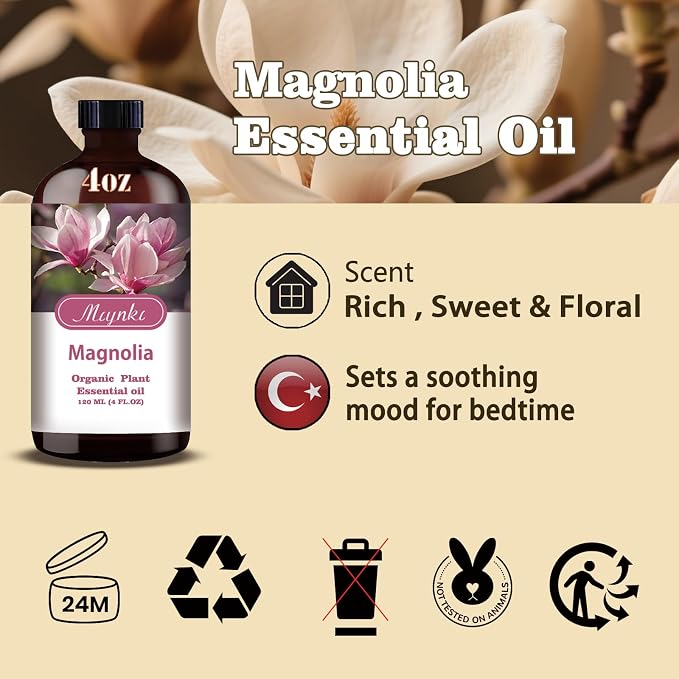 Magnolia Essential Oil, Magnolia Oil for Diffuser, Humidifier, Massage, DIY Candle, Soap, Yoga, Relaxation, Gift Ready,Magnolia Fragrance Oil - MLYNKL Essential Oils (4.33 fl oz / 130ml)