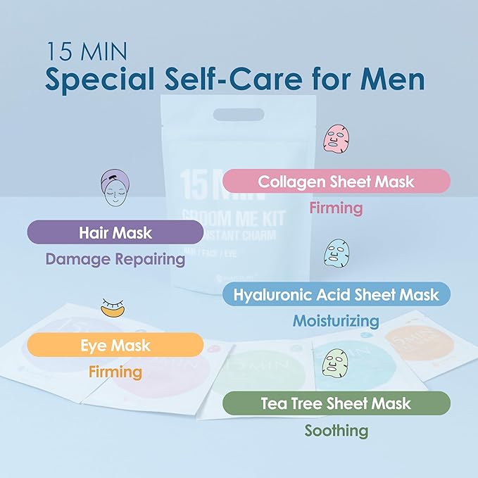 Naisture 15 Min Groom Me Kit Skincare Gift Set for Men – All-in-One Bundle with Hair, Face, & Eye Masks, Complete Grooming Self-Care Kit (5 pcs)