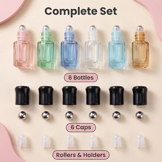 6Pcs 3ML Empty Clear Colorful Octagonal Glass Essential Oil Roller Bottles with Steel Roller Balls and Black Caps Refillable Perfume Roll-on Bottle Sample Dispensers Storage Container Vials Jars