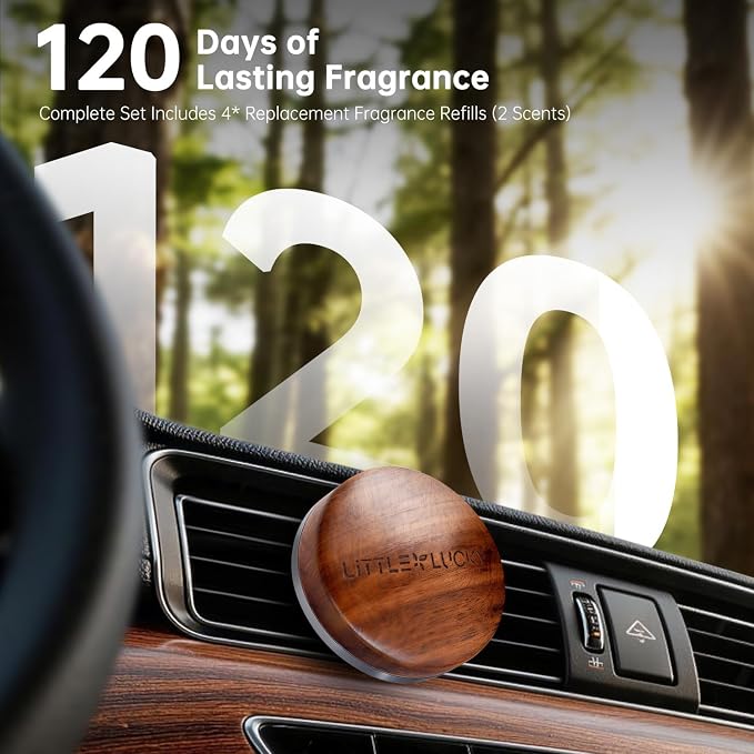 Car Air Freshener, 2PCS Premium North America Walnut Wood, Car Air Freshener Vent Clip for Hidden Air Vent etc, 4 Scent Refills, 2 Plant-Extract Fragrances from France MANE, Long-lasting for 120 Days