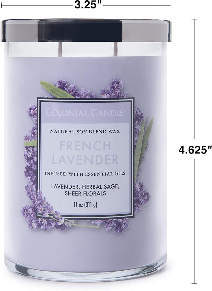 Colonial Candle French Lavender Scented Jar Candle, Classic Cylinders Collection, 2 Wick, Purple, 11 oz - Up to 80 Hours Burn
