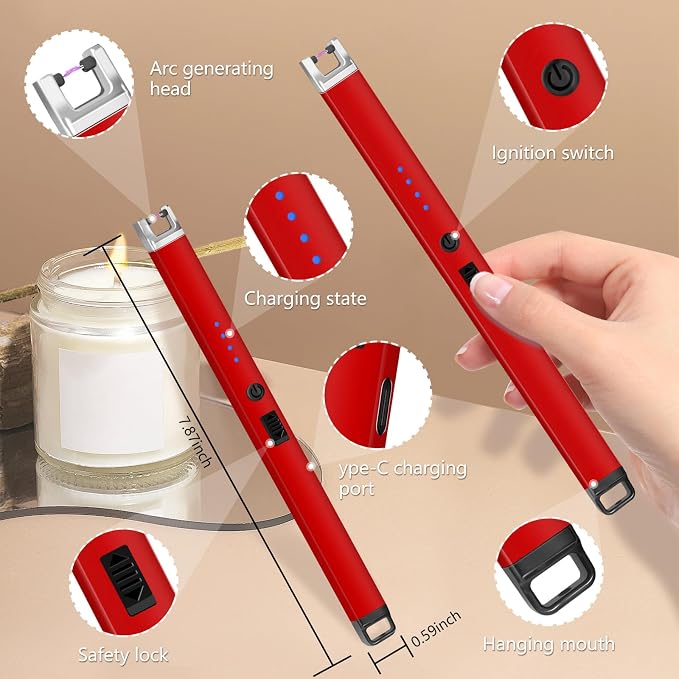 Electric Lighter, Rechargeable Lighter with Battery Indicator Light and Safety Switch, Electric Candle Lighters for Scented Candles,Barbecues, Camping, Holiday Parties