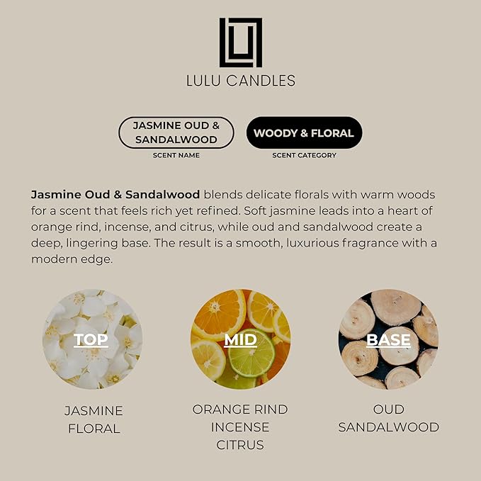 Lulu Candles | Reed Diffuser Set | Jasmine, Oud & Sandalwood | 6 Reed Sticks | Scent Diffuser for Bedroom Bathroom Living Room & Office - 4.2 FL Oz.