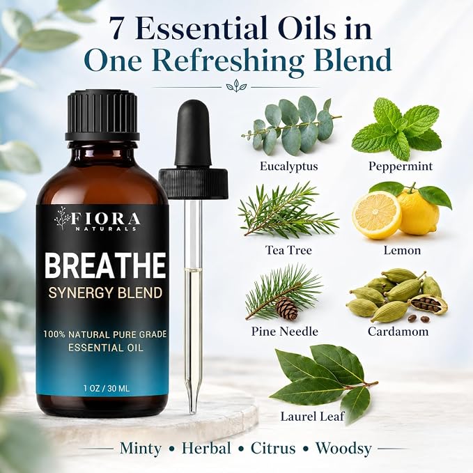 Breathe Essential Oil for Diffuser, 100% Natural Pure Grade Synergy Blend with Eucalyptus, Peppermint, Tea Tree, Lemon, Pine Needle, Cardamom & Laurel Leaf, Refreshing Blend for Aromatherapy