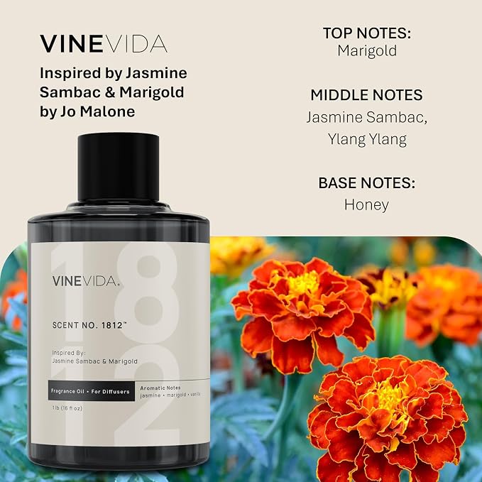 VINEVIDA [16 Oz] Inspired by: Jasmine Sambac & Marigold; Diffuser Oil Refill | Premium Scent Diffuser Oil for Home | Non-Toxic Fragrance